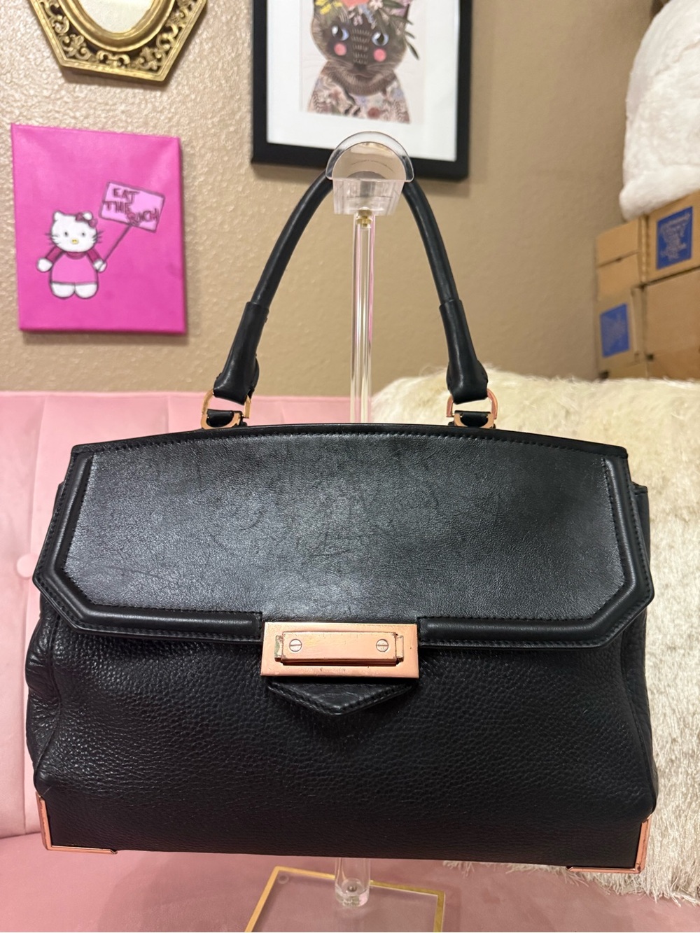 💯Auth! ALEXANDER WANG Black Leather Top-Handle Satchel w Rose Gold Hardware